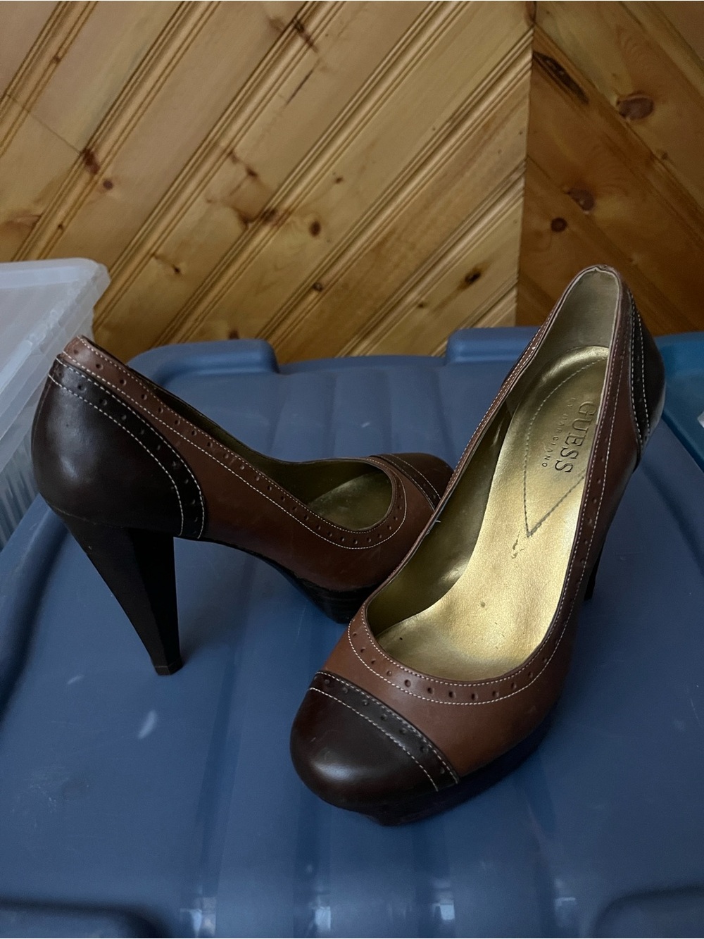 Guess Brown and Dark Brown Leather High Heel Pumps